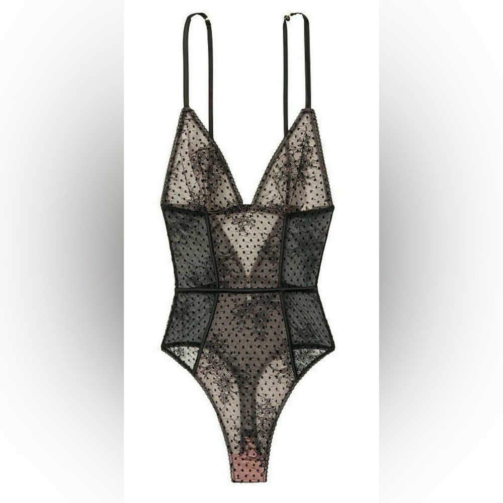 Victorias Secret Very Sexy Flocked Dot Teddy One Piece Lingerie Black Pink Sz XS